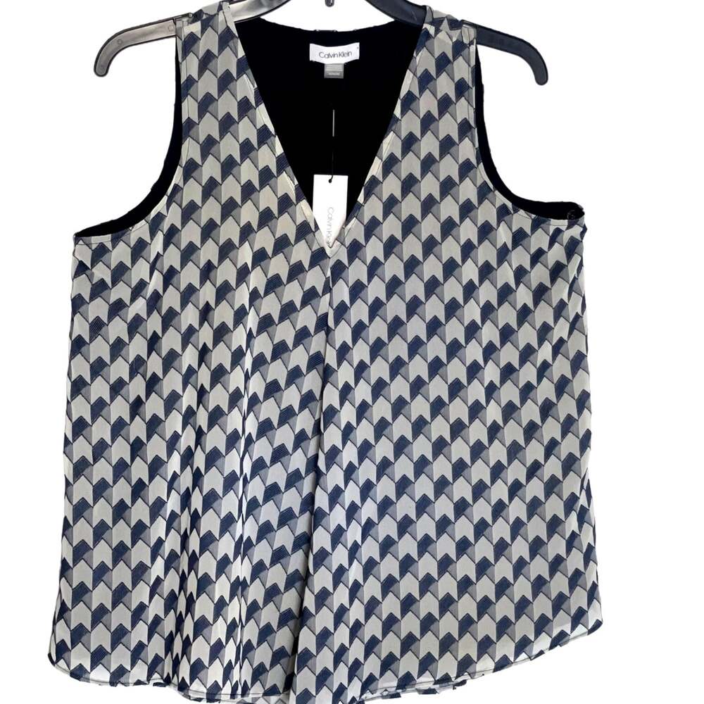 Calvin Klein Suit Geo Strip Deep V-Neck Tank Top Blouse Navy Blue Size Medium